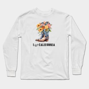 I Love California Boho Cowboy Boots with Flowers Long Sleeve T-Shirt